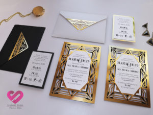 Eleganckie, złote zaproszenia ślubne z motywem Art Deco, Wielki Gatsby