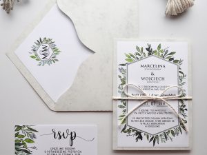 Minimalistyczne zaproszenia ślubne z motywem liści, naturalne, boho, eko