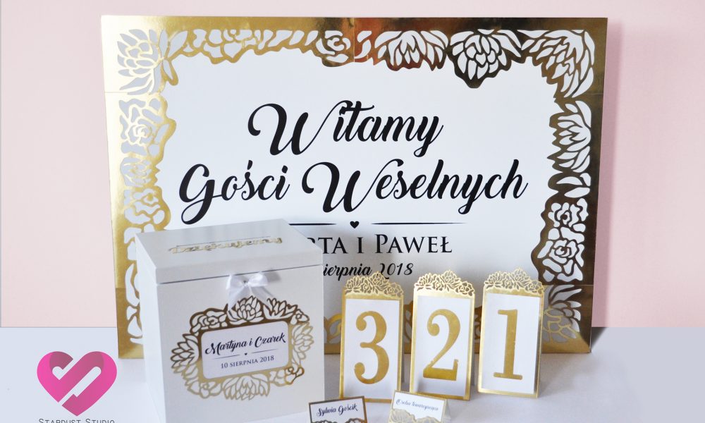 Flower Frame Eleganckie pudło na koperty, plan stołów, numery na stół, winietki z motywem kwiatów w kolorze złota w stylu glamour