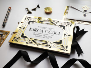 Elegancka, złota księga gości w stylu glamour Art Deco, Wielki Gatsby