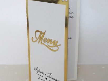 Eleganckie złote menu weselne z motywem kwiatów róż w stylu glamour