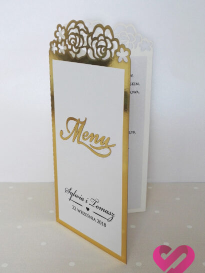 Eleganckie złote menu weselne z motywem kwiatów róż w stylu glamour