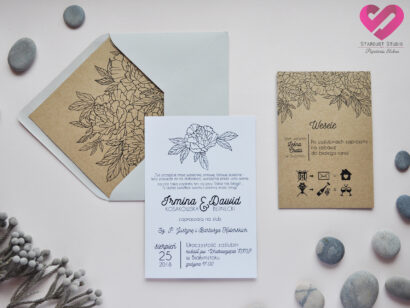 Proste, rustykalne zaproszenia ślubne na papierze ekologicznym w stylu rustykalnym, boho z motywem kwiatów