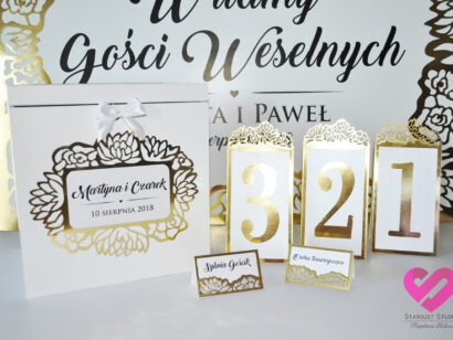 Numery na stoły weselne, ażurowe winietki na stół weselny, numery, pudełko na koperty z elementami złota w stylu glamour