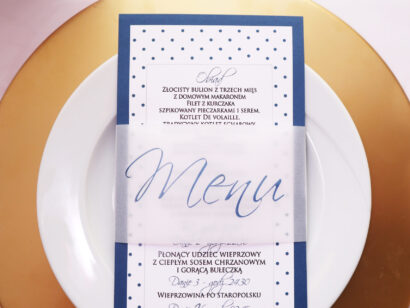 Zabawne dodatki na ślub i wesele, pin-up menu weselne z pergaminową opaską w kropki
