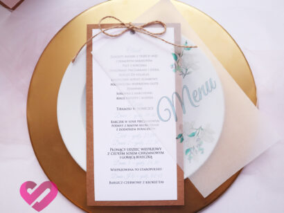 Rustykalne, naturalne menu weselne z pergaminem, na papierze ekologicznym w stylu boho, eko.