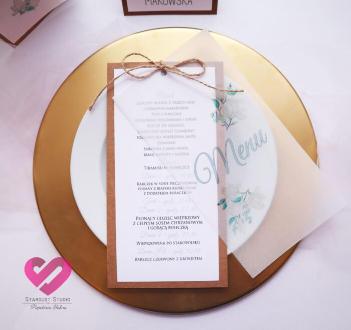 Rustykalne, naturalne menu weselne z pergaminem, na papierze ekologicznym w stylu boho, eko.