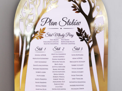 Eleganckie, ażurowe plany stołów w stylu glamour, ze złotą ramą z motywem drzew, naturalne, rustykalne