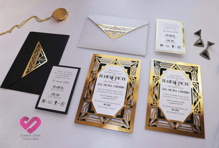 Zaproszenia ślubne Art Deco złote zaproszenia gatsby