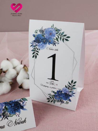 Numery na stoły geometryczne, kwiatowe niebieskie