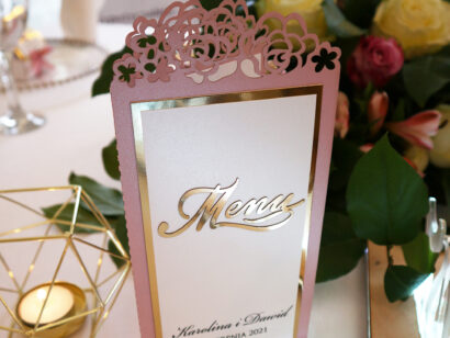 menu weselne laserowe złote w stylu glamour menu weselne na stół weselny