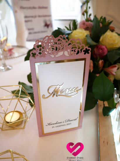 menu weselne laserowe złote w stylu glamour menu weselne na stół weselny