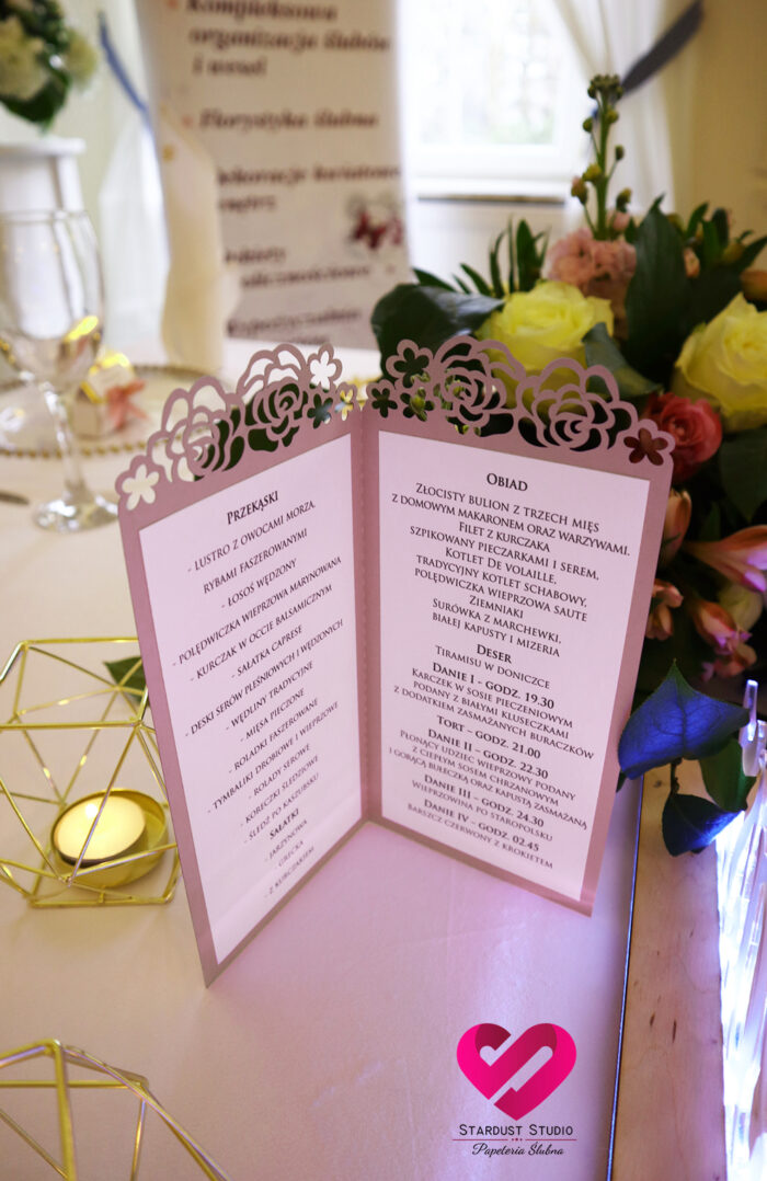 menu weselne laserowe na stół weselny złote