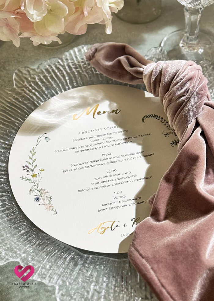 Menu okrągłe polne kwiaty śmietankowe