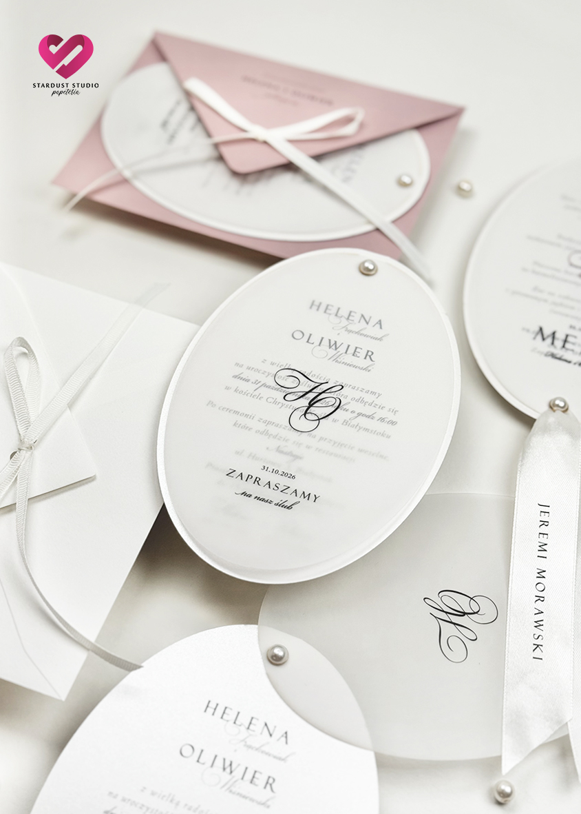 Zaproszenia ślubne owalne z ozdobną kopertą